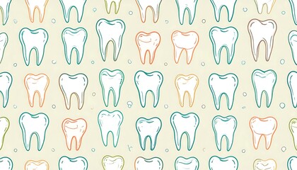 A repeating pattern of hand-drawn teeth in various pastel colors against a light beige background.