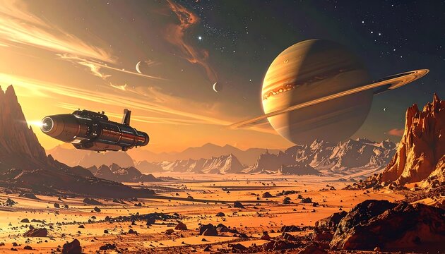 A majestic spacecraft soars through a desert landscape on an alien planet, with a magnificent ringed planet looming overhead during a golden sunset.