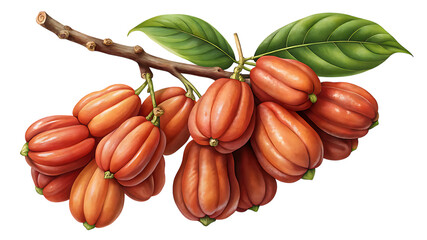 A branch of ripe garcinia gummigutta fruits, also known as malabar tamarind, hanging with green leaves isolated on transparent background