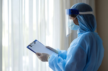Healthcare worker in protective gear reviews patient chart with focus and care. A symbol of dedication during challenging times of health and safety.