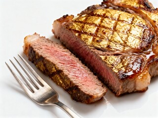 A beautifully cooked steak, showcasing a golden sear, with a pink, juicy interior. Served with a fork, inviting indulgence.