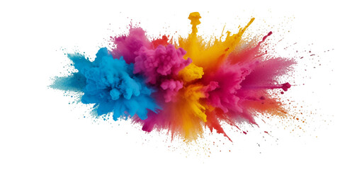 Vector watercolor rainbow multicolor splatter design background. Multicolored rainbow explosion of cloud powder paint holi decoration isolated on transparent background	