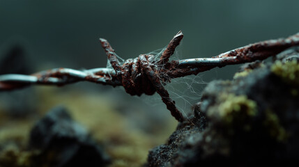 Rusty barbed wire with spider webs close up