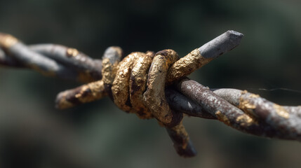 Close up of rusty barbed wire with gold paint