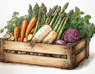 hand drawn sketch of assorted root vegetables asparagus in a wooden crate vegetables white background