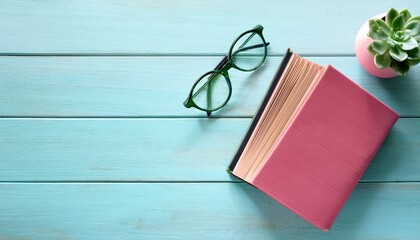 succulent book and glasses on pastel wood for lifestyle content