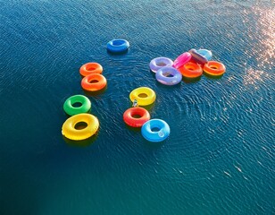 overhead view of colorful inflatable tubes floating on wavy blue water ample copy space tubes surface
