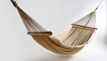 Obraz premium relaxing woven hammock gently swaying on pristine white backdrop ropes calm
