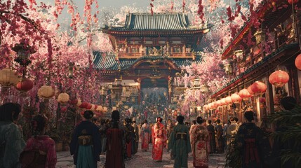 Fototapeta premium A vibrant street scene of a traditional Asian city with blooming cherry blossom trees and crowds