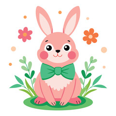 Obraz premium Cute pink rabbit with green bow and flowers isolated on a white background