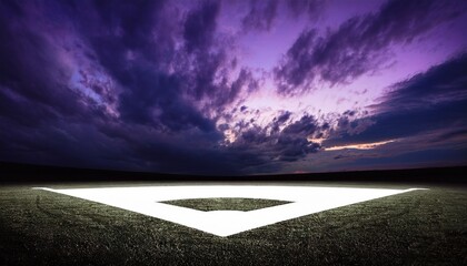 an ominous purple stormy sky over an empty baseball field with a stark white square on a black background perfect for a dramatic event poster or banner