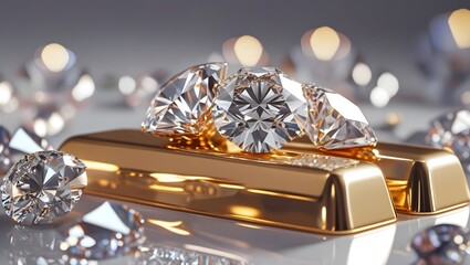 Luxury Still Life Featuring Diamonds and Gold Bars with Reflection
