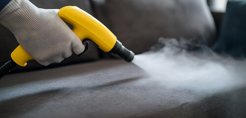 Upholstery cleaning with steam: A gloved hand uses a handheld steamer to refresh and sanitize a couch, releasing steam onto the fabric.
