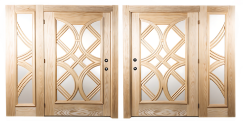 Light wood double doors with geometric glass panels isolated on a transparent background