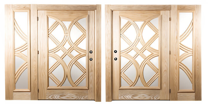 Light wood double doors with geometric glass panels isolated on a transparent background