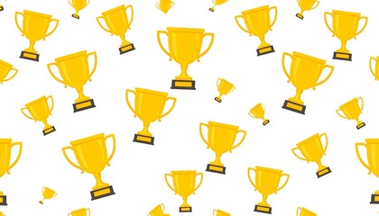 A repeating pattern of gold trophies on a white background, exhibiting a simple, celebratory design.
