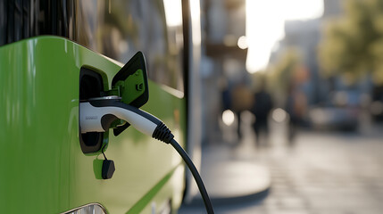 Green city bus charging port. Plugged in and ready to go, emitting zero emissions, and promoting a green environment for future generations to enjoy.