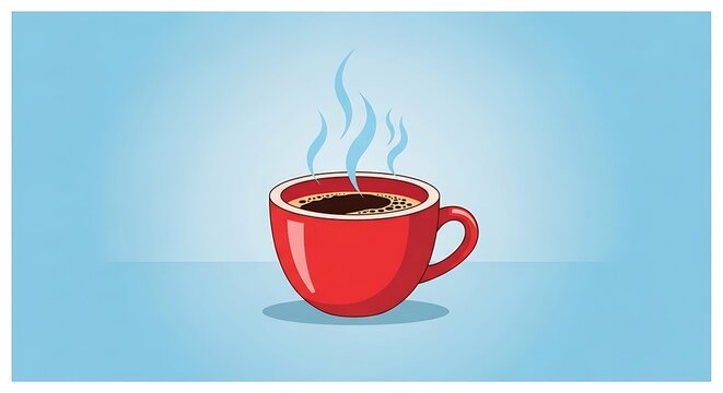 Hot steaming coffee in a vibrant red mug on a cool blue background
