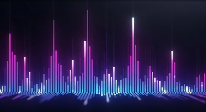 Abstract visualization of audio spectrum with glowing bars in blue and purple tones against dark background created with generated ai