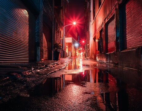 rain slicked city street at night a single red light illuminates a pool of dark liquid shadowy alleyway urban decay ominous atmosphere crime scene dark wet