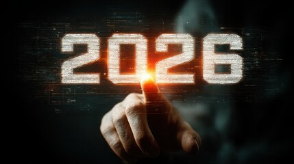 Future vision of technology represented by bold numbers in a dark setting with a hand