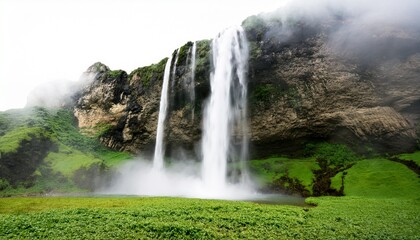 Obraz premium a tall cascading waterfall with mist rising around it isolated on a white background