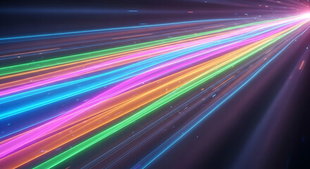 A vibrant array of neon colored light streaks converging towards a bright point in the distance created with generated ai
