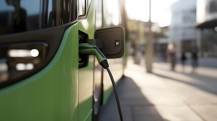 Electric bus charging on city street. Green energy for public transportation promotes sustainability and reduces emissions, contributing to a cleaner environment.