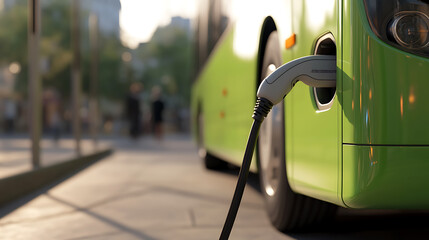 An electric bus charges its batteries, plugged into a charging station on a city street, representing a sustainable transportation and environmental consciousness.