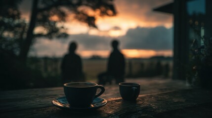 Two cups of coffee sunset view Silhouettes of people relaxing outdoors Warm evening light photography