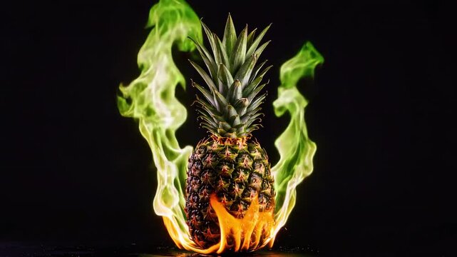 Fiery Pineapple: A striking, high-definition image showcasing a pineapple engulfed in vibrant flames. It is a bold and unique concept representing tropical freshness with an element of heat.