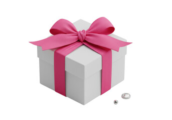 Obraz premium Pristine matte white gift box with vibrant pink satin ribbon bow and delicate polished silver charm, on seamless transparent background with high-key lighting, commercial luxury product concept