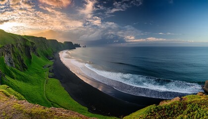 A Steep Rocky Cliff With Green Vegetation Overlooks A Black Sand Beach And Calm Ocean Waters Rolling Green Hills And Cliffs Appear Under A Sunset Sky