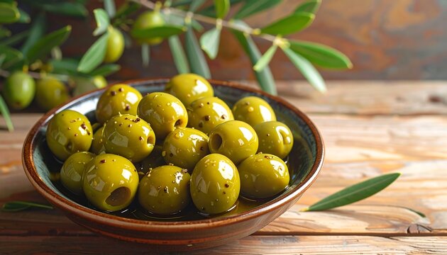 Green olives in a bowl - Powered by Adobe