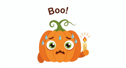 A spooky pumpkin with a terrified expression holding a candle