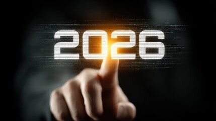 Future vision of 2026 with a finger touching glowing numbers in a digital setting