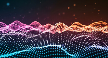 Abstract background with waves of glowing dots connected by lines in a dark space with light created with generated ai