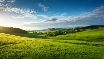 Obraz premium Serene Countryside Landscape Lush Green Meadow Bright Blue Sky Morning Sunlight Rolling Hills