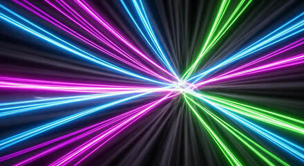 Abstract view of neon light trails in blue green and magenta converging to a central point created with generated ai