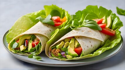 Wraps on a plate with lettuce and tomatoes served on a rustic wooden table closeup healthy vegetarian dish with fresh vegetables and herbs