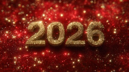 Golden 2026 numbers sparkle on a red glitter background for new year celebrations