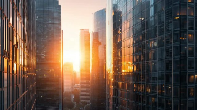 Wide drone boom-up shot capturing a stunning urban sunset between skyscrapers, with golden light reflecting off glass facades, creating a vibrant city atmosphere.