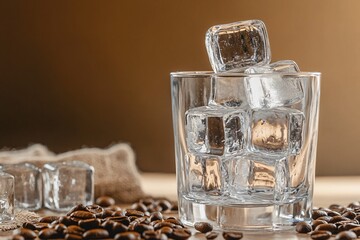 Glass filled with ice cubes and coffee beans on a wooden surface.