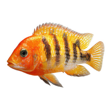 Vibrant orange and yellow striped african cichlid fish swimming gracefully isolated on transparent background