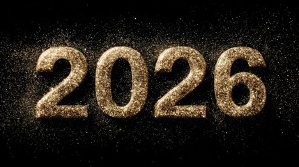 Celebration of the New Year with sparkling 2026 in shiny gold on a dark background