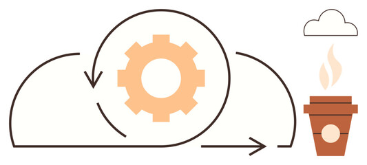 Gear in cloud with arrows symbolizing process, next to steaming coffee cup. Ideal for productivity, teamwork, workflow, innovation, brainstorming, organization focus. Simple flat metaphor
