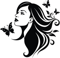 Silhouette of a woman with flowing hair, leaves, and butterflies in black and white