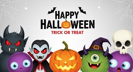 Happy Halloween Trick or Treat with Spooky Monsters, Pumpkin, and Skull