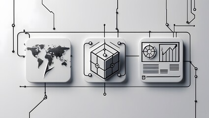 Futuristic Cyber Tech Vector Icon Set in 3D Embossed Black and White Style
