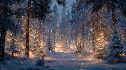 Winter forest adorned with glowing lights and fresh snow at twilight